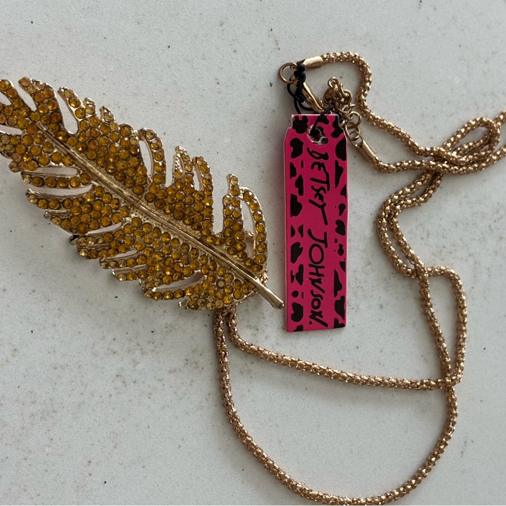 Betsey Johnson Gold Leaf Necklace with Pink Tag